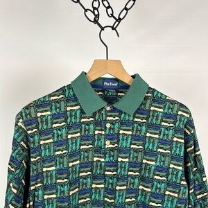 Vintage Par Four Geometric Golf Polo Shirt - Green & Blue - Large